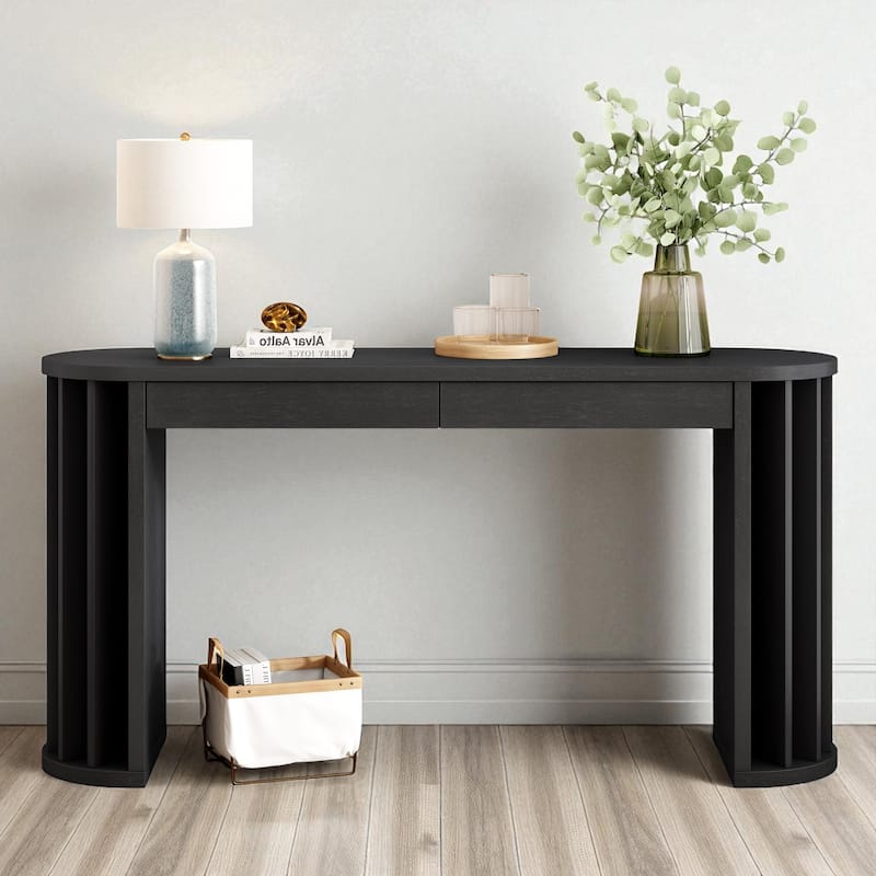 59" Farmhouse Oak Veneer Console Table with 2 Drawers, Curved Legs and Straight Line Design for Entryway or Hallway - Black
