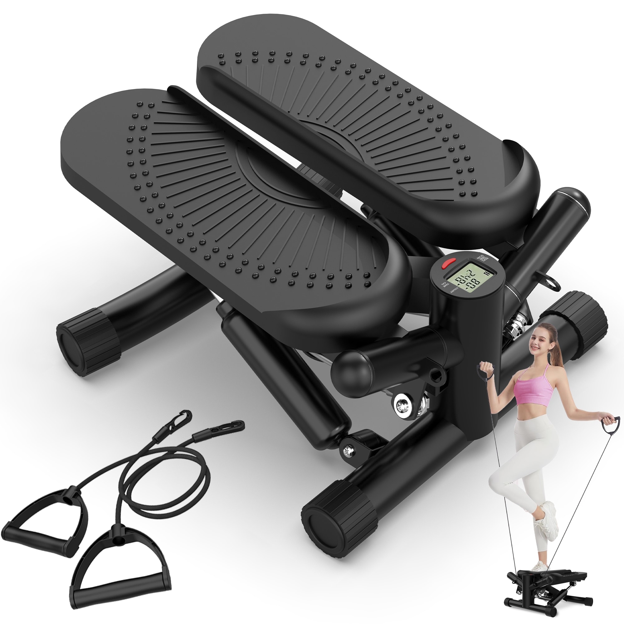 Black Portable Mini Stair Stepper Machine with Resistance Bands
