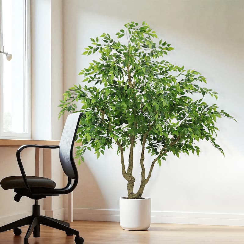 7ft Tall Artificial Banyan Tree With Natural Trunk And Realistic Silk Leaves, Large Imitation Potted Green Plant, 1pc/Set