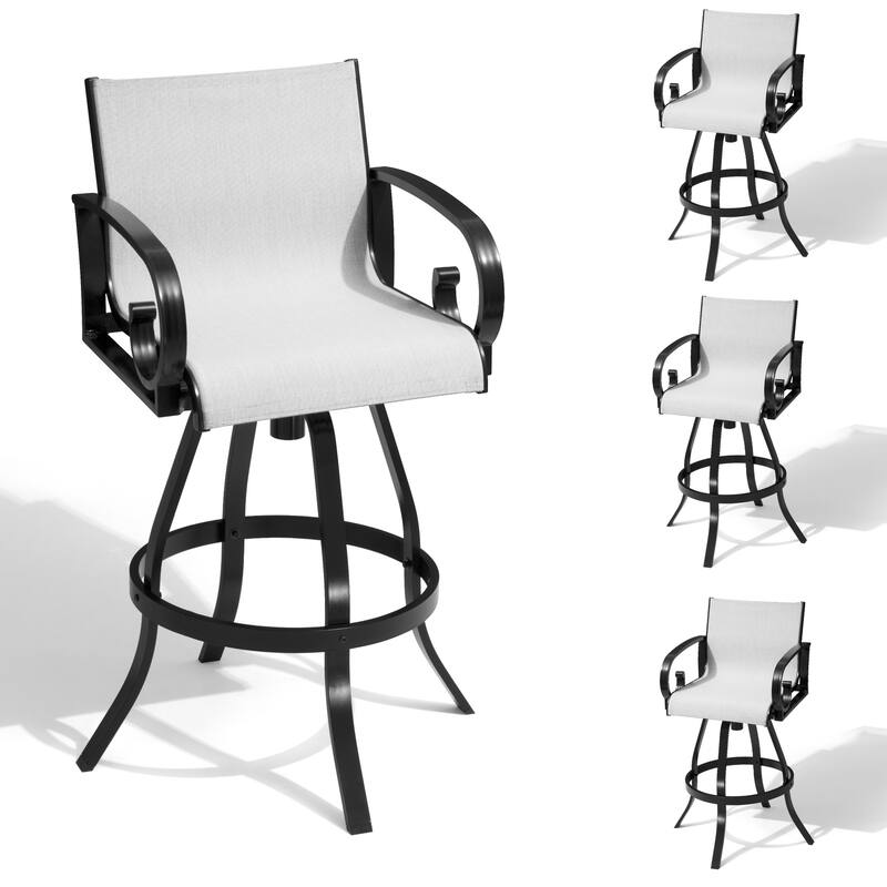 VredHom Outdoor Patio Bar Stools Swivel Bar Chair Sunbrella Textilene Sling - 20.1 in W x 44.3 in H - AUGUSTINE OYSTER-Set of 4