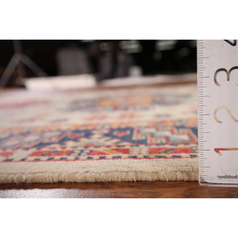 Kazak Area Rug Hand-Knotted Beige Geometric Wool Carpet - 4'0" x 6'1"
