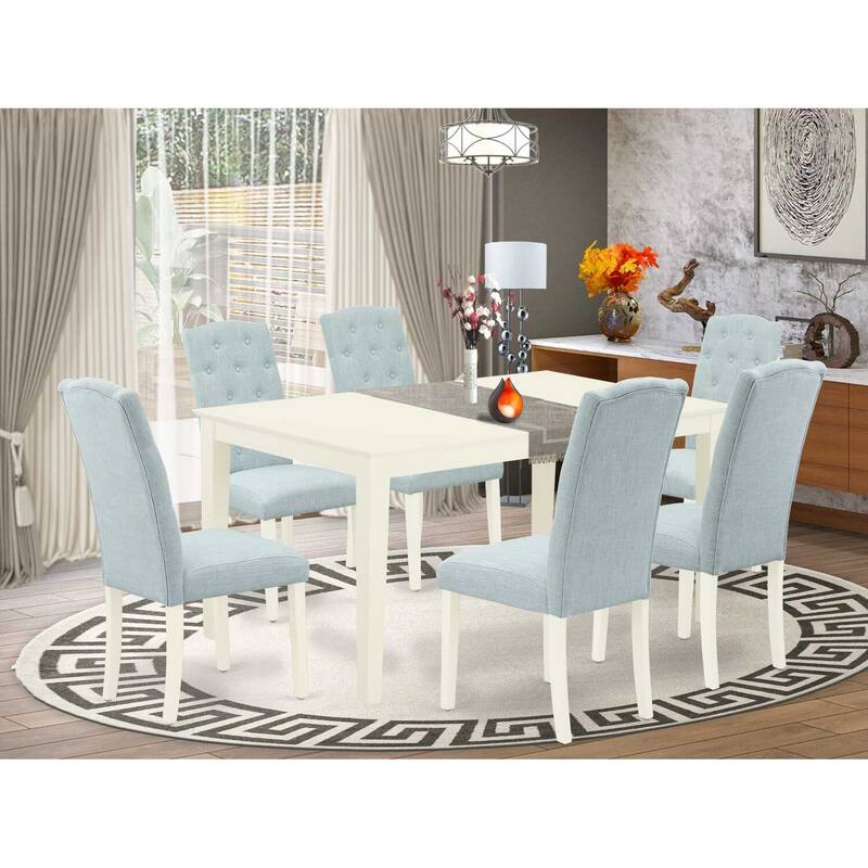 HomeStock 7-Piece Rectangle Linen White Finish Solid Wood Top Dining Table with 6-Parson Chairs with Lattice Back