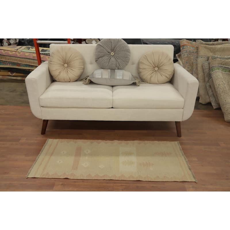 Hand Woven Oriental 100% Wool Carpet Southwestern Tribal Beige & Ivories Kilim Area Rug - 4' 3'' X 2' 0''