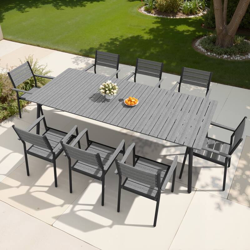 9-Piece Outdoor Patio Dining Set Aluminum Dining Table with Umbrella Hole and Stackable Chairs