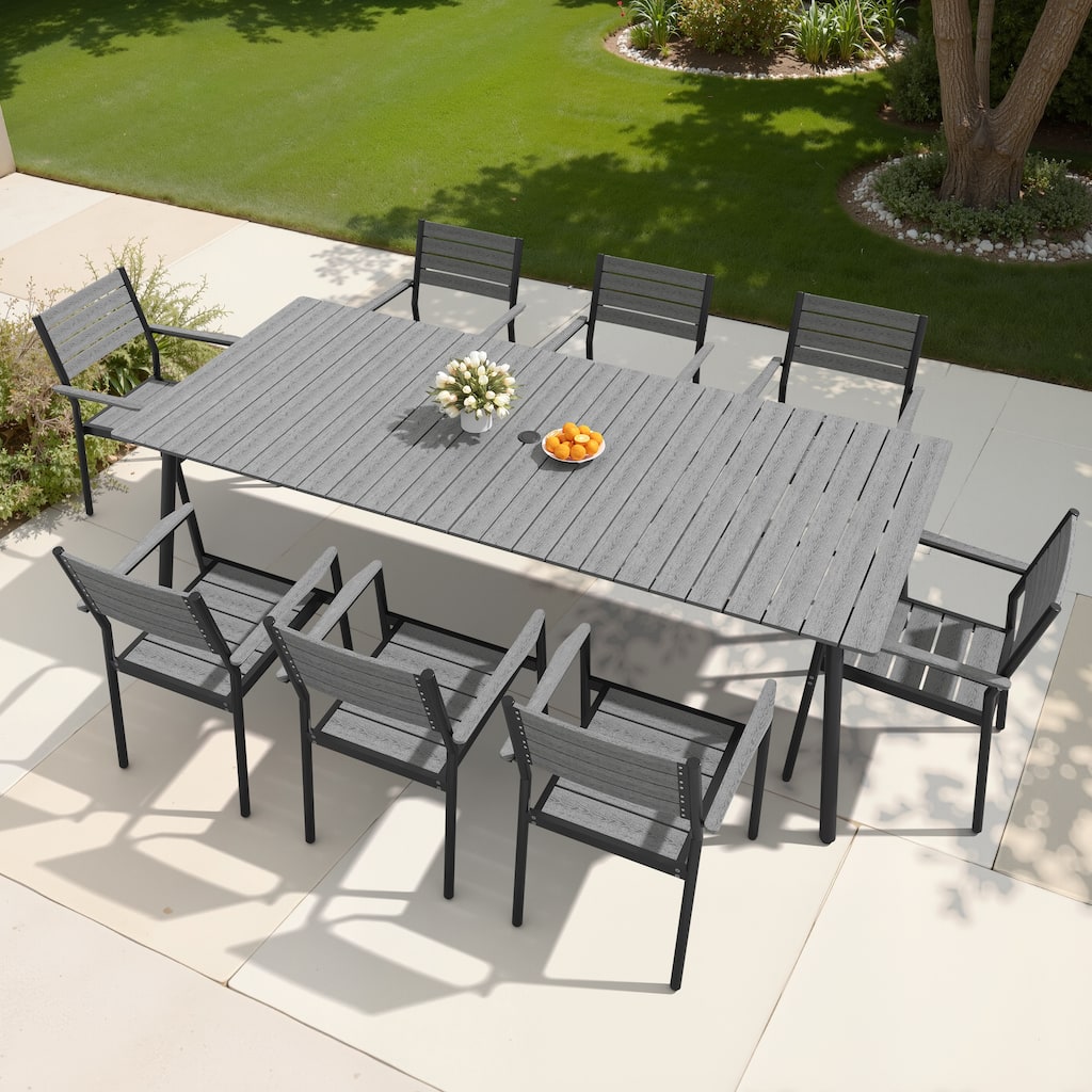 9-Piece Outdoor Patio Dining Set Aluminum Dining Table with Umbrella Hole and Stackable Chairs