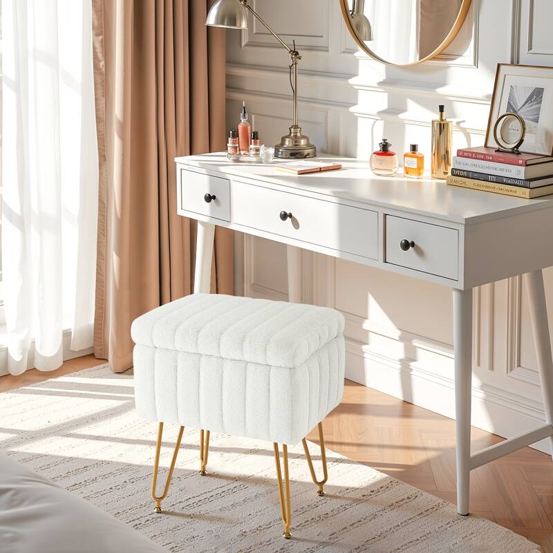Faux Faric Soft Padded Rectangular Accent Small Ottoman Vanity Stool Chair with Storage & 4 Metal Legs