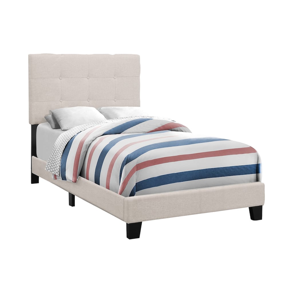 Twin Size Linen-Look Upholstered Platform Bed Frame with Tufted Headboard and Youth Design