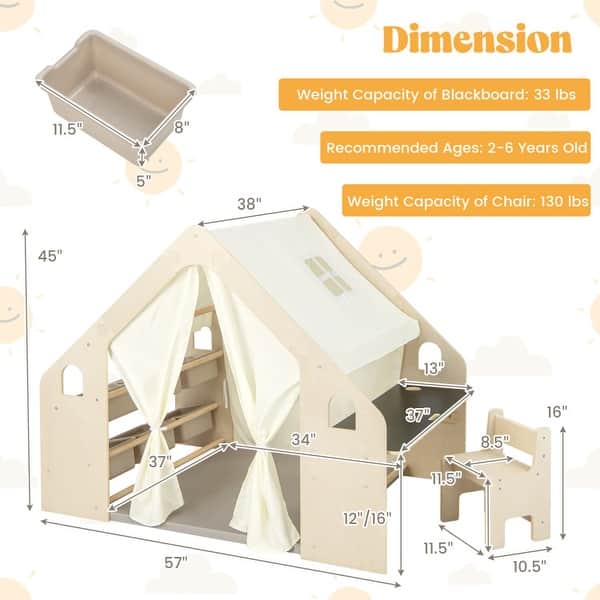 6-in-1 Kids Play Tent Playhouse with Blackboard 6 Storage Bins and Floor Cushion-Beige - Natural - 57" x 38" x 45"
