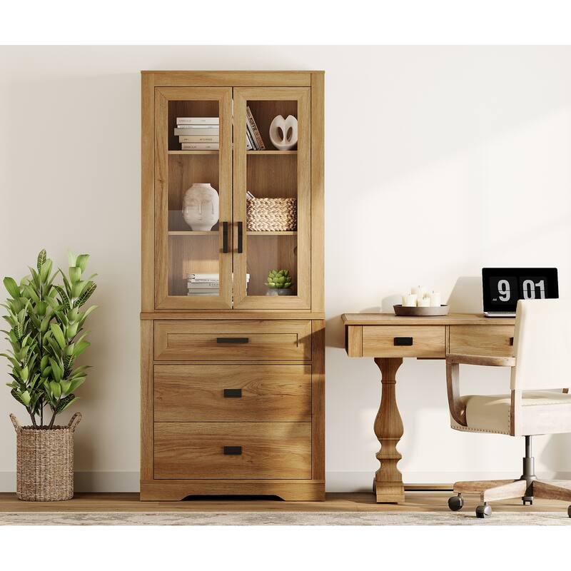 3 Tier Bookcase with Drawer,73.3" Tall Floor Standing Bookshelf - 31.5" - Walnut