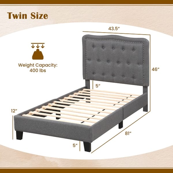 Twin Size Bed Frame with 46-Inch Tall Button Tufted Headboard