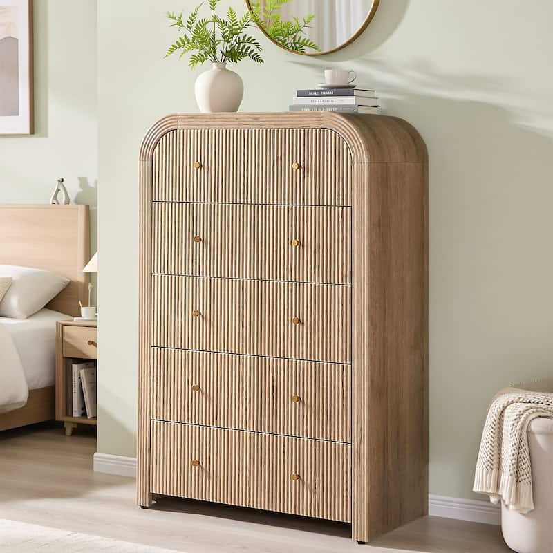 Modern Fluted 5 Drawers Dresser, Wood Chest of Drawers for Bedroom - Natural Oak
