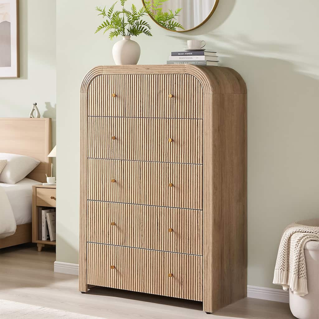 Modern Fluted 5 Drawers Dresser, Wood Chest of Drawers for Bedroom