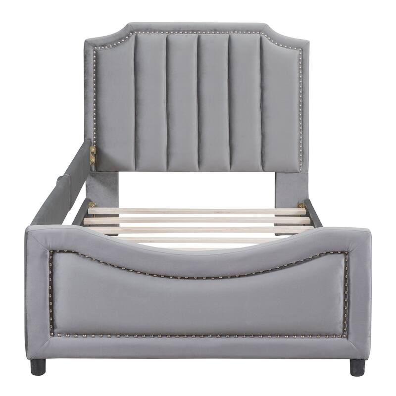 Twin Upholstered Daybed with Stripe Shaped Headboard, Durable Wood Frame, No Box Spring Required - Grey/Beige/Pink