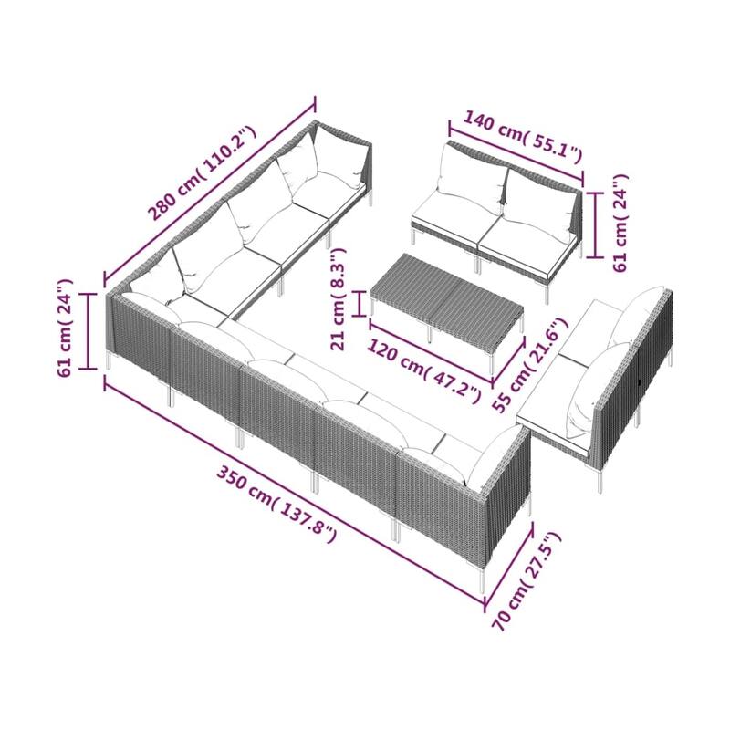 vidaXL Patio Lounge Set Outdoor Sectional Corner Sofa Poly Rattan Dark Grey - 27.6" x 27.6" x 24"