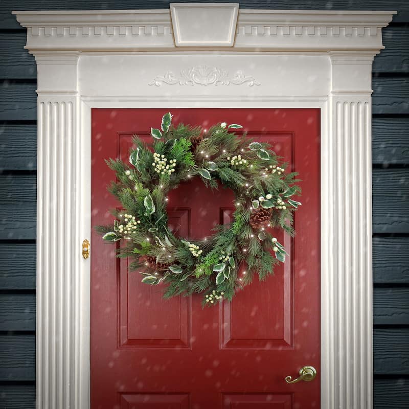 National Tree Company 28 in. HGTV Home Collection Pre-Lit Holly and Berry Wreath - 28 in