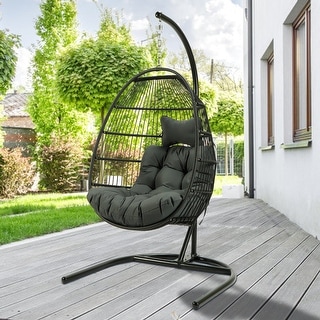 Outdoor Black Metal Swing Egg Chair with Cushion and Stand Bed