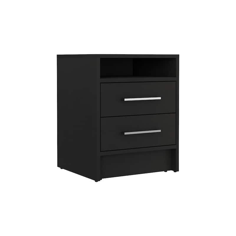 Modern Black Two-Drawer Nightstand with Open Shelf, Versatile Storage Cabinet for Bedroom and Living Room