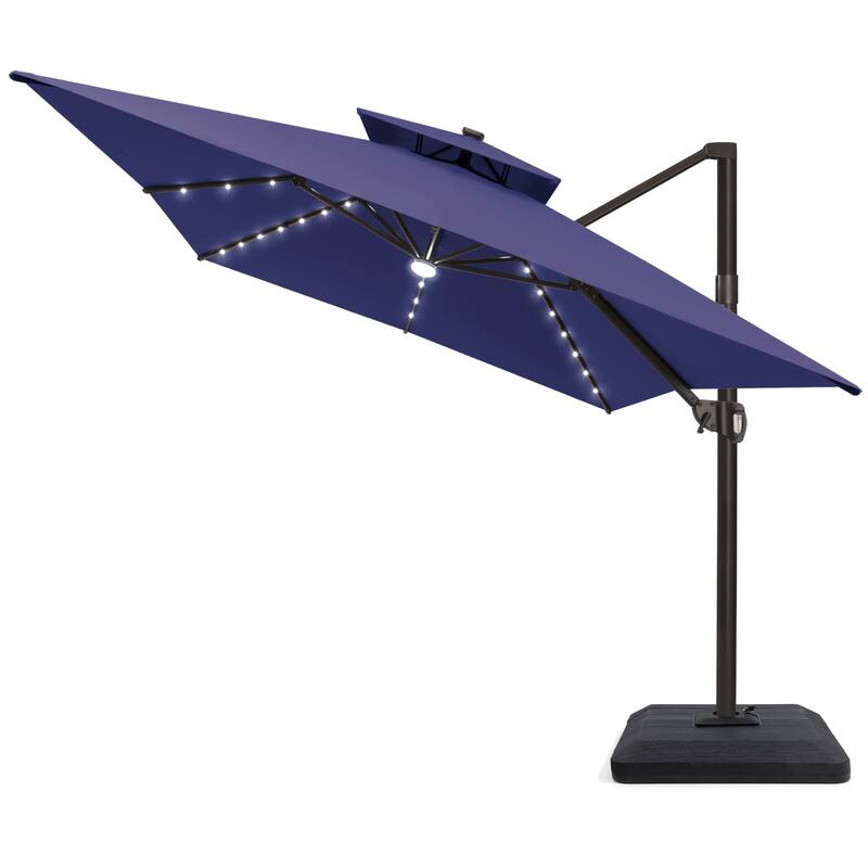 10 X 13 FT Outdoor Patio Cantilever Umbrella with Solar Lights 4-Piece Premium Base Double Canopy 360 Rotation Tilt