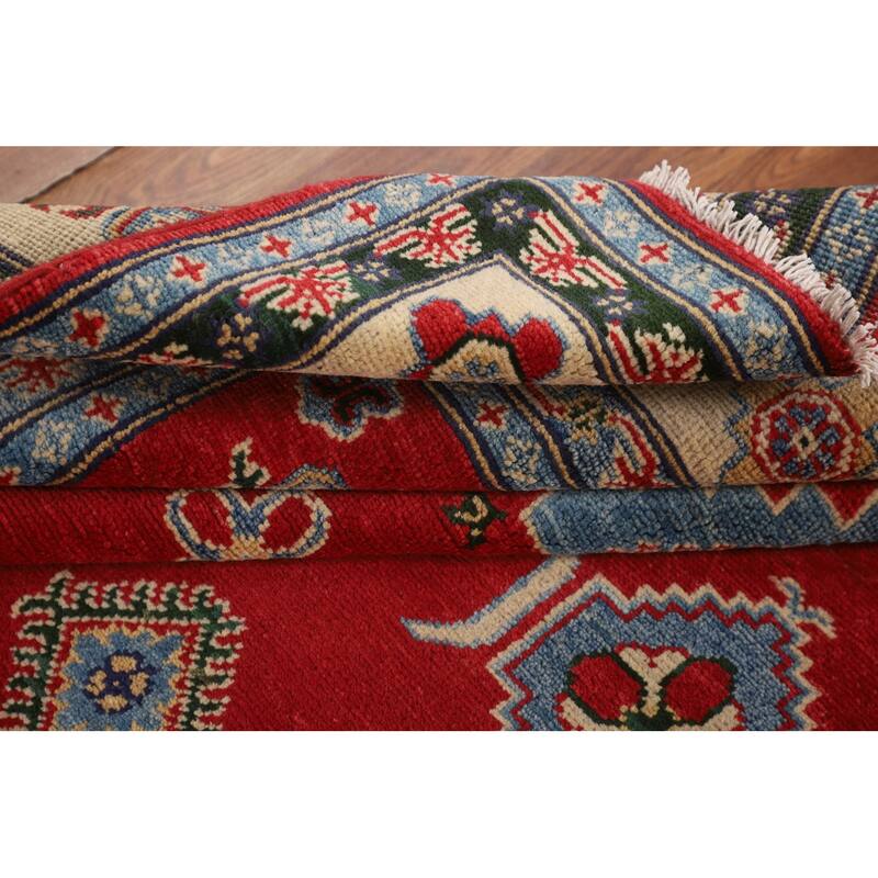 Red Geometric Kazak Oriental Area Rug Dining Room Handmade Wool Carpet - 5'6" x 7'10"