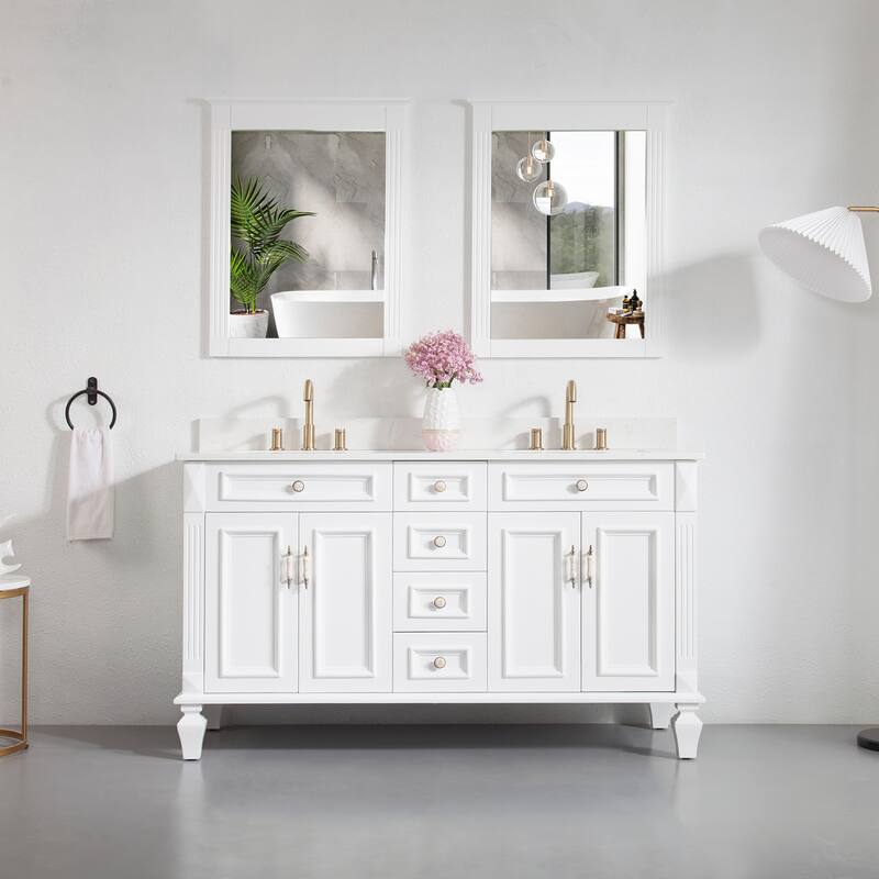 35'' H Solid Wood Bath Vanity with Stain-resistant Carrera White Quartz Top and Double Sink - White-60"W