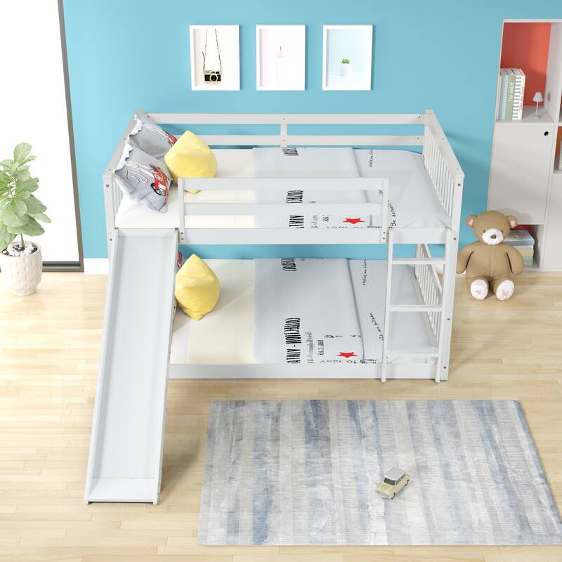 White Full Over Full Bunk Bed with Slide and Ladder, Sturdy Pinewood Frame