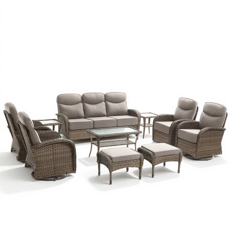 Pocassy Outdoor 10-Piece Sofa Swivel Chair Ottoman with Table