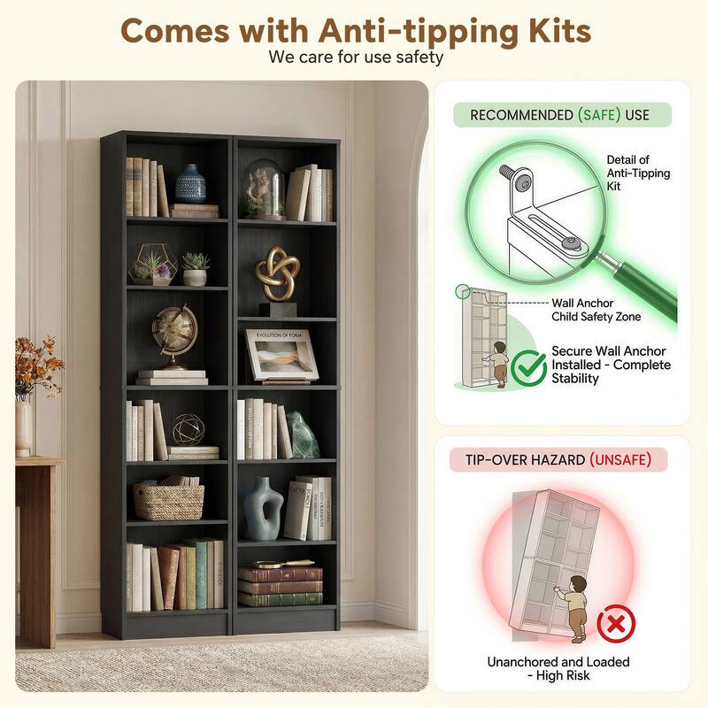 80"H Tall 6-Tier Bookcase With 2 Adjustable Shelves，Modern Open Storage Shelf for Home Office and Bedroom