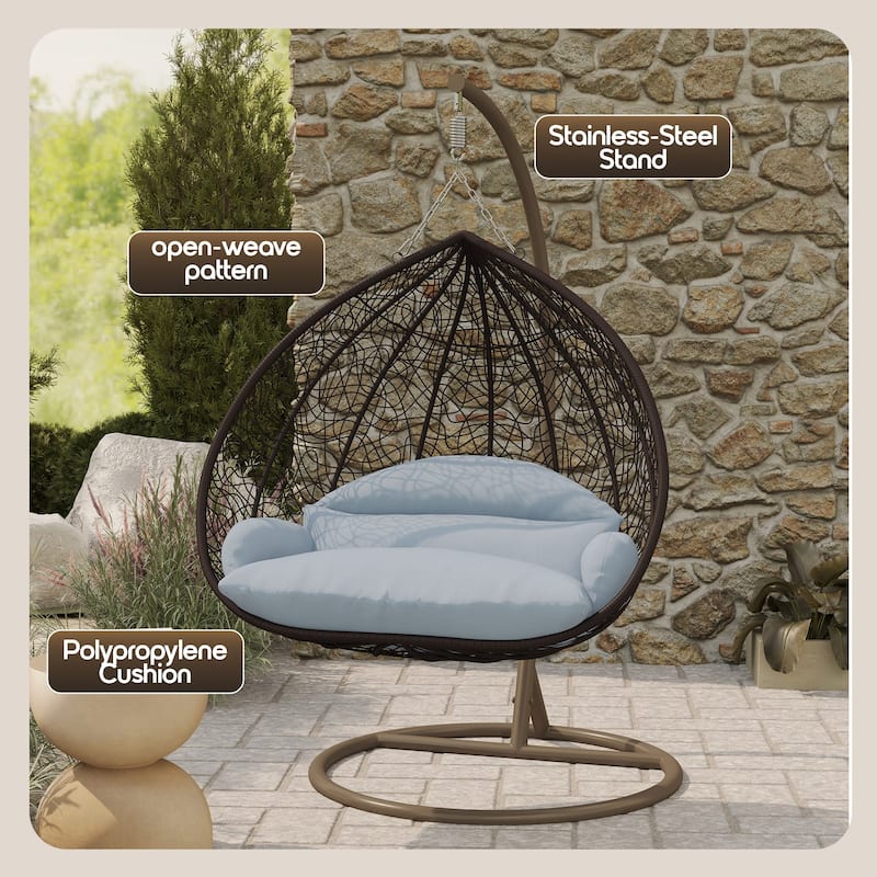 2-Person Egg Swing Chair in Brown Stainless Steel 2-Seater Porch Swing with Stand for Outdoor and Indoor - 77.95" Height