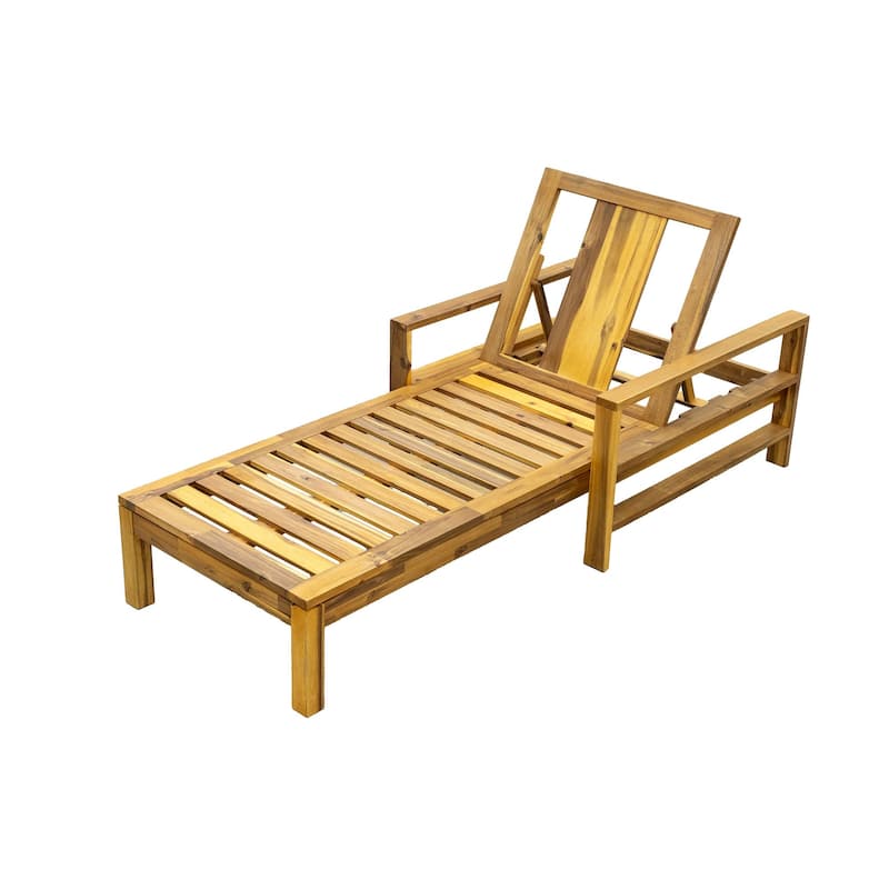 Set of 2 Outdoor Patio Chaise Lounge Chairs, Acacia Wood Adjustable Backrest Recliners for Garden, Terrace, Poolside
