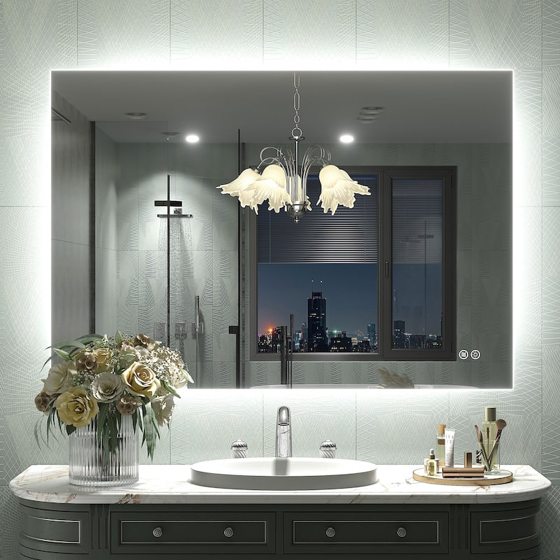 Frameless Anti-Fog 3 Colors Dimmable LED Backlit Wall Bathroom Vanity Mirror - 44" x 30"-Rectangular