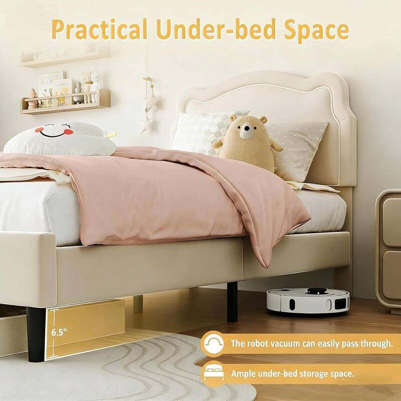 Twin Size Upholstered LED Platform Bed Frame with Bear-Shaped Headboard for Kids