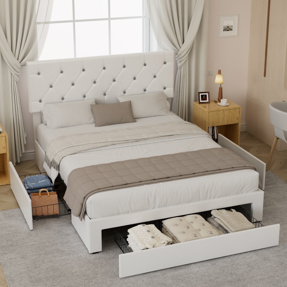 VECELO Bed Frame with Storage Drawers Leather Upholstered with Diamond Tufted Headboard Solid Wood Slat Support