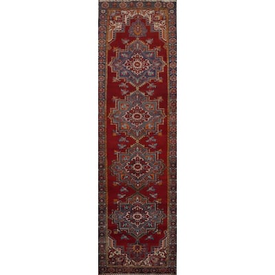 Hand Knotted Oriental 100% Wool Carpet Traditional Geometric Red Tabriz Runner Rug - 13' 7'' X 3' 8''