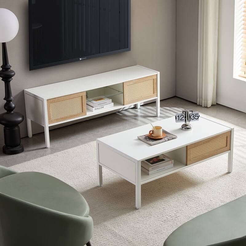54.33" Rattan TV cabinet with variable color light strip, double sliding doors for storage, adjustable shelf, metal legs