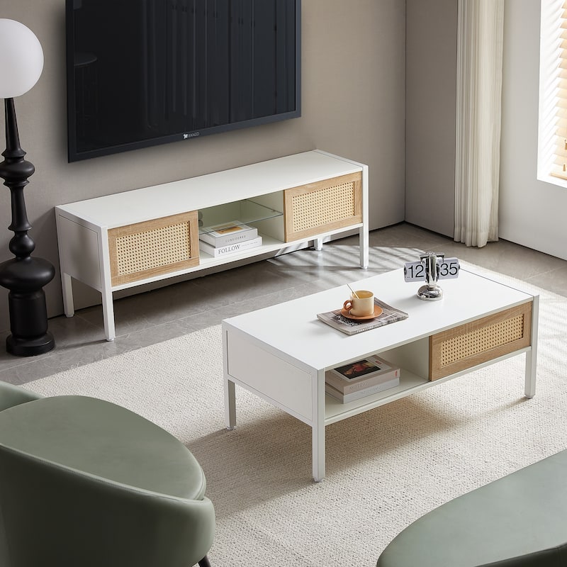 54.33"Rattan TV cabinet with variable color light strip,double sliding doors for storage,adjustable shelf,metal legs,TV console