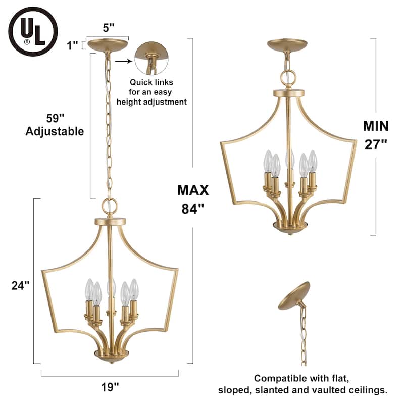 Mid-Century Modern 5-Light Gold Lantern Candle Chandelier for Dining Room - L19"xW19"xH24"