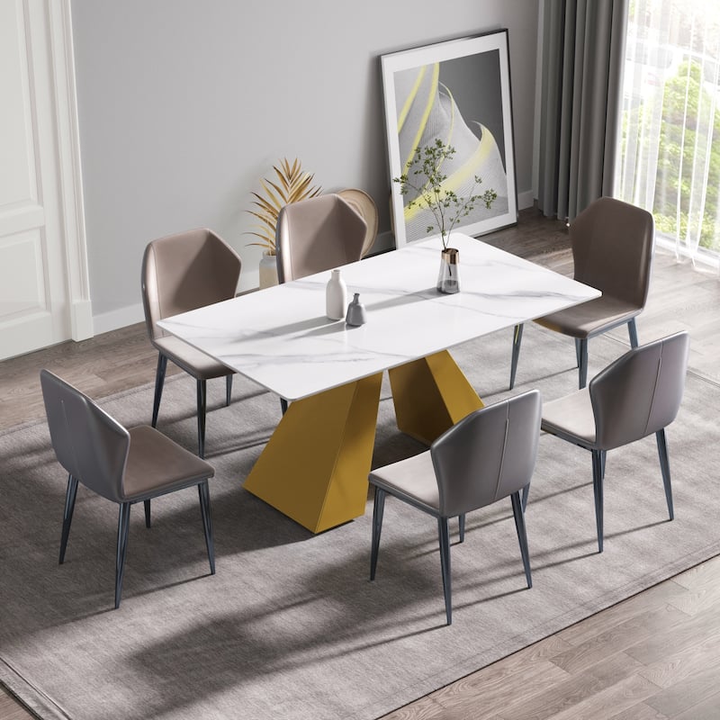 63"Modern artificial stone white straight edge metal leg dining table -6 people