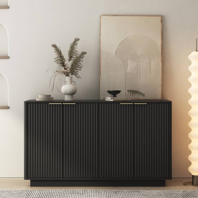 Wood 55.1" Fluted Buffet Cabinet, Credenza with Adjustable Shelves for Stylish Storage and Organization - Black