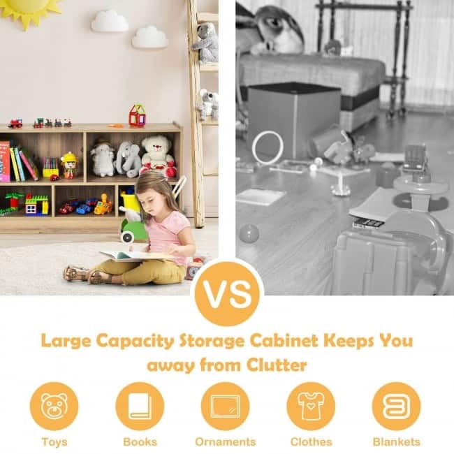 Children's Wooden Toy Storage Cabinet with 2 Shelves and 5 Cubes - 44" x 12" x 24" (L x W x H)