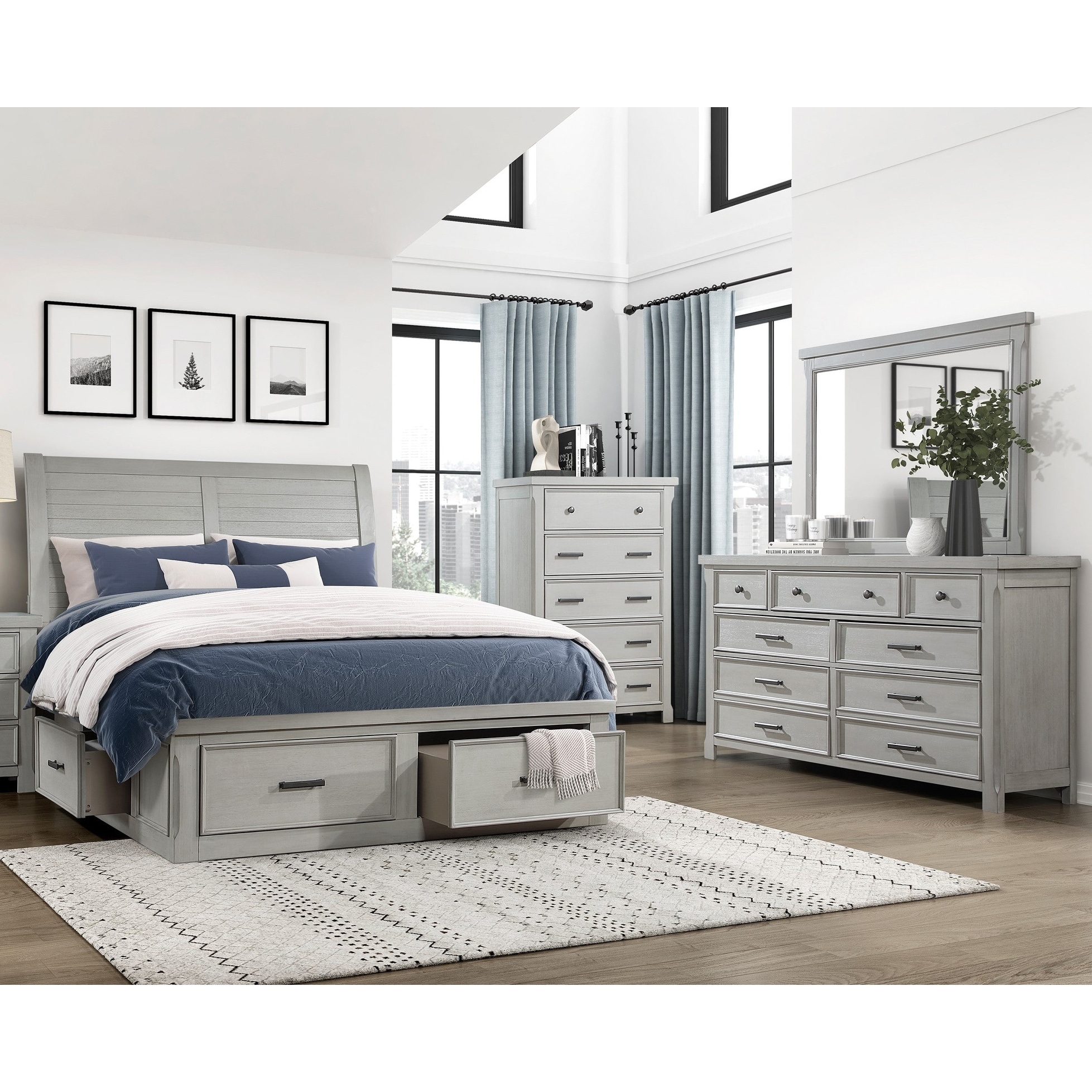 4pc Bedroom Set Light Gray Platform Storage Bed Dresser Mirror Chest