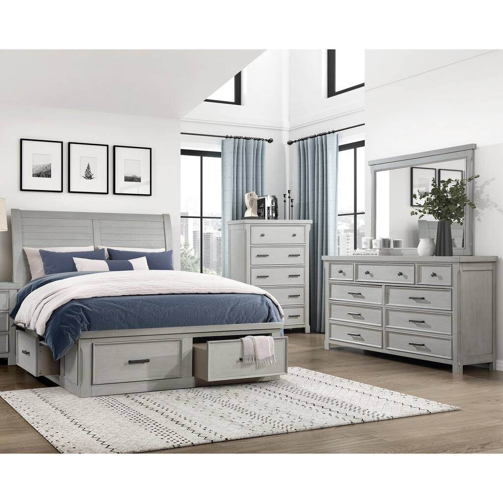 4pc Bedroom Set Light Gray Platform Storage Bed Dresser Mirror Chest