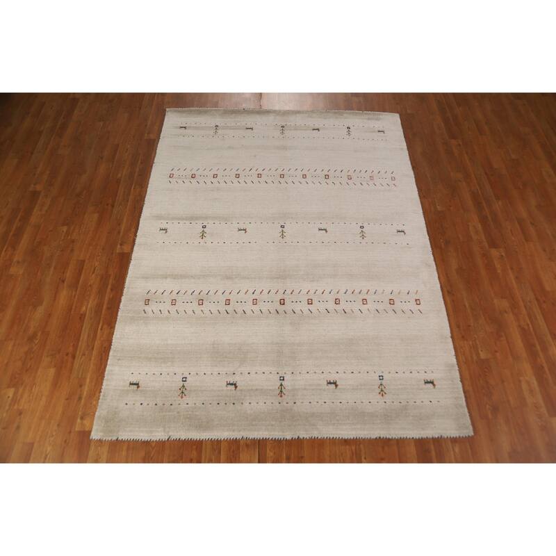 Modern Gabbeh Oriental Area Rug Handmade Beige Wool Carpet - 5'9" x 7'9"