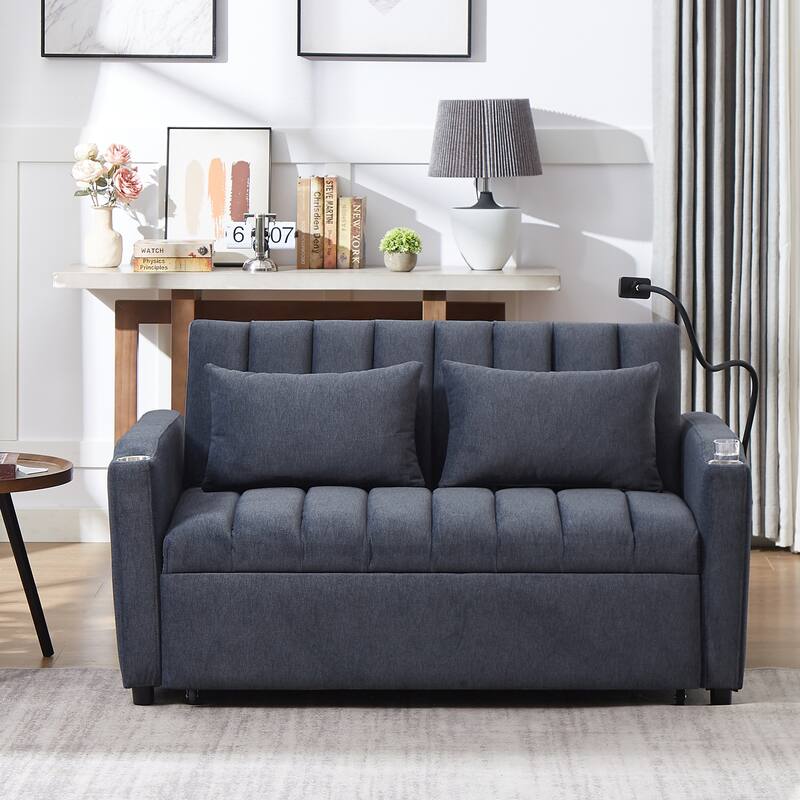 Modern Convertible Sofa Bed with 3 USB Ports, 2 Side Pockets, 2 Cup Holders and Phone Holder for Living Room and Apartment