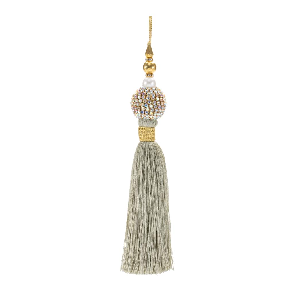 Set of 6 Luxurious Tassel Christmas Ornaments Seafoam Green & Gold with Jeweled Accents - 7.75” x 1.25” x 1.25”