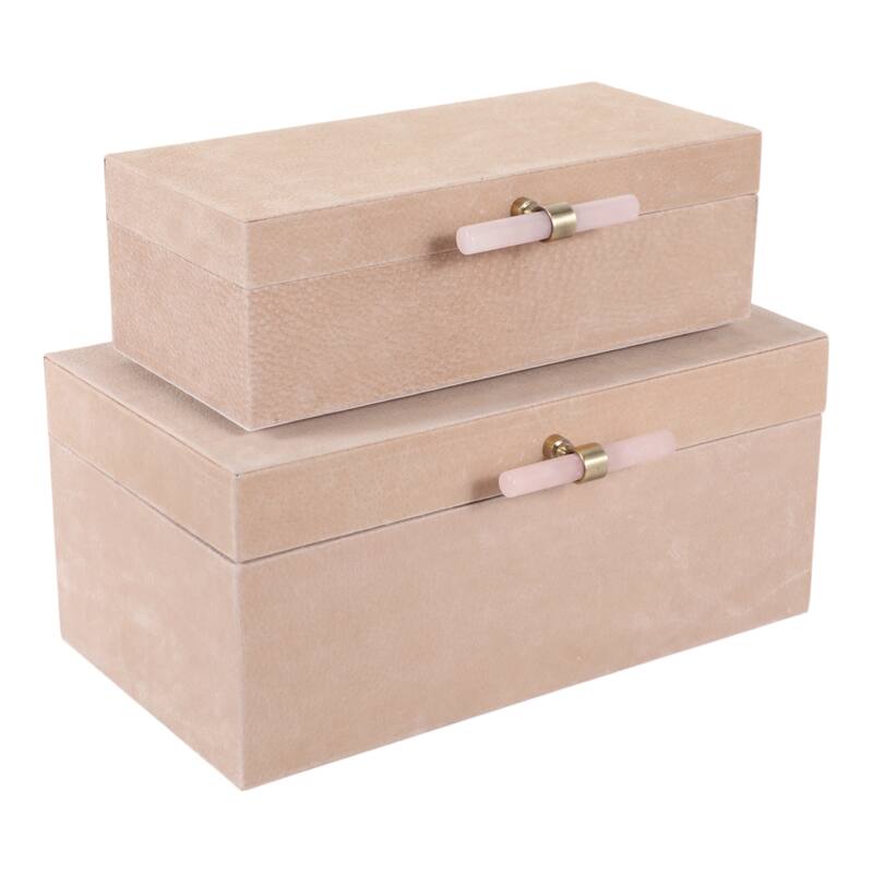 Wood Decorative Boxes with Stone Handle and Lid (Set of 2) - 4/7" Tan - 14" x 8" x 6"