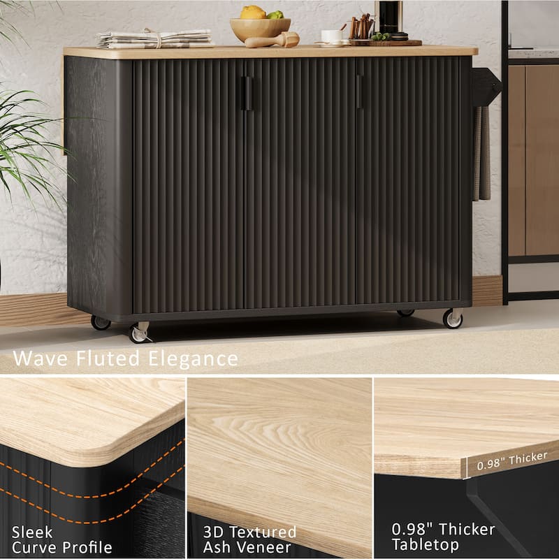 Fluted Kitchen Island with Drop Leaf, Mobile Kitchen Island on Locking Wheels, Rolling Kitchen Cart with Towel Rack