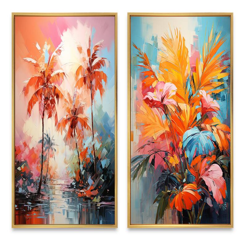 Designart "Orange Pink Palm Trees Abstract" Palms & Palm Trees Framed Wall Art Set Of 2 - Wall Set For Home Decor