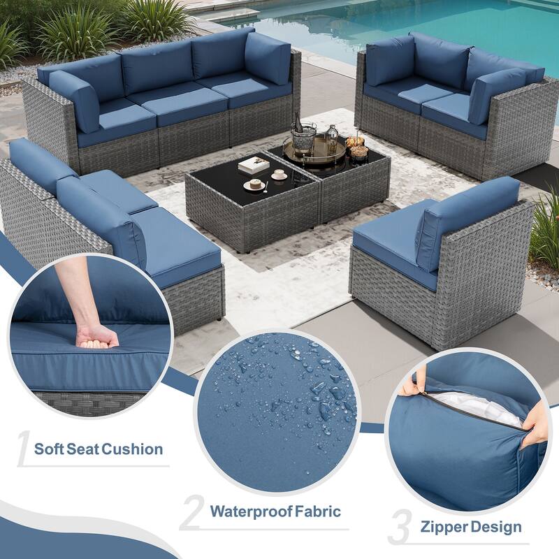 10-Piece Sectional Seating Group with Cushion, Wicker Sectional Sofa