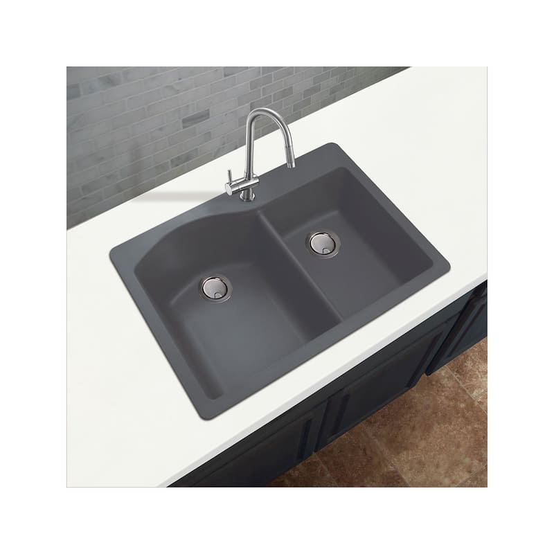 Transolid Aversa 33in x 22in silQ Granite Drop-in Double Bowl Kitchen Sink with 1 B Faucet Hole