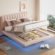 preview thumbnail 1 of 14, Pink Queen Velvet Upholstered Platform Bed w/ Hydrualic Storage, Floating Wood Bed Frame w/ LED Light & USB Port for Kids Adults Pink - Queen